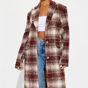 Fashion Nova Men's Plaid Pea Coat - Brown, Cream & Rust